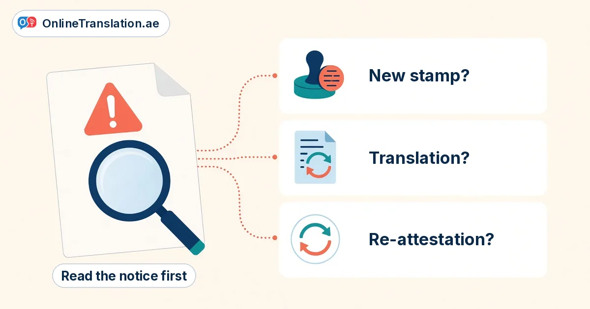 Read the rejection notice first, then decide whether a new stamp, translation or re-attestation is needed