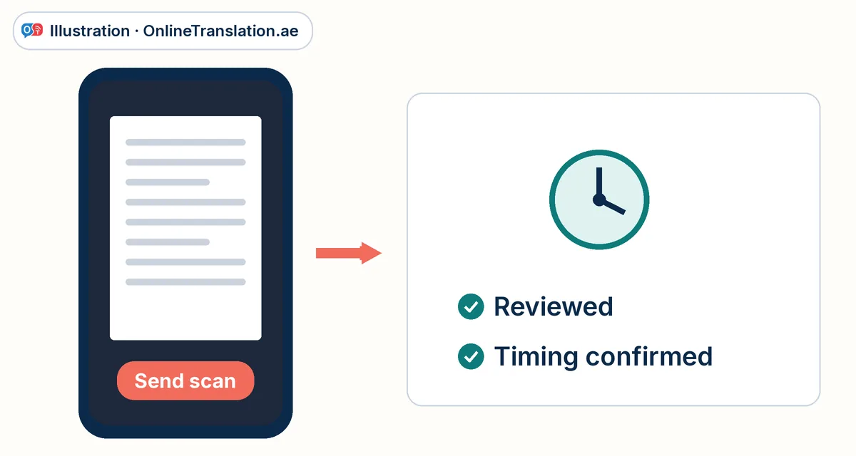 Illustration: a phone sending a document scan, then a clock card marked reviewed and timing confirmed.