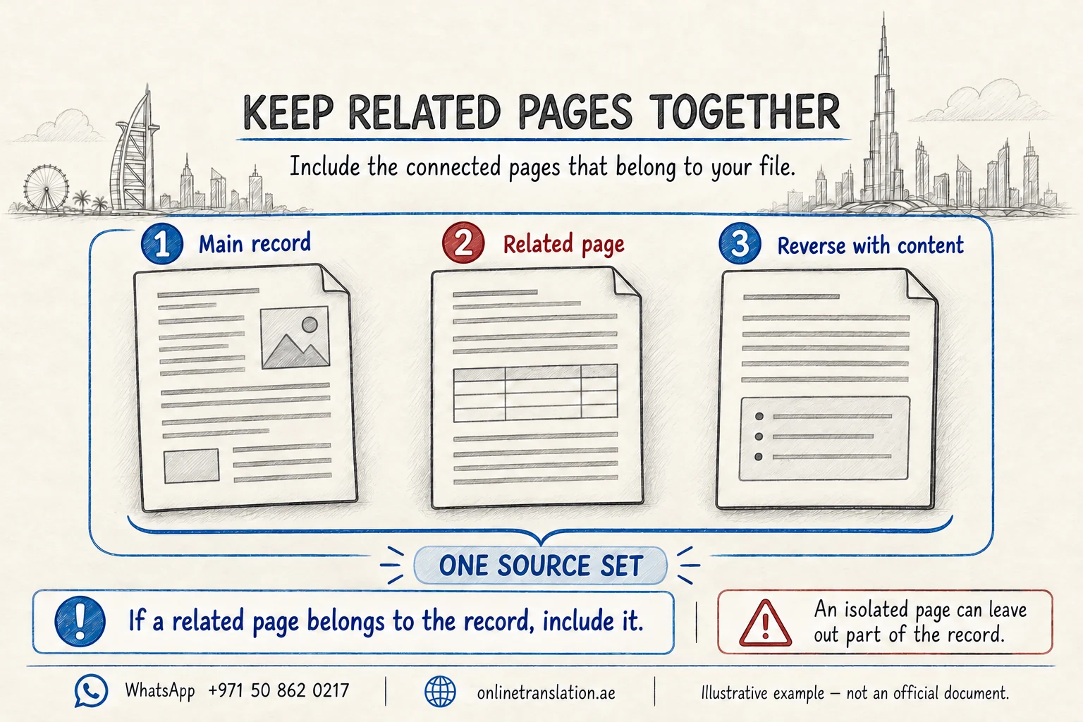 A main record, a related page and a reverse side with content are grouped as one source set, rather than treated as isolated pages.