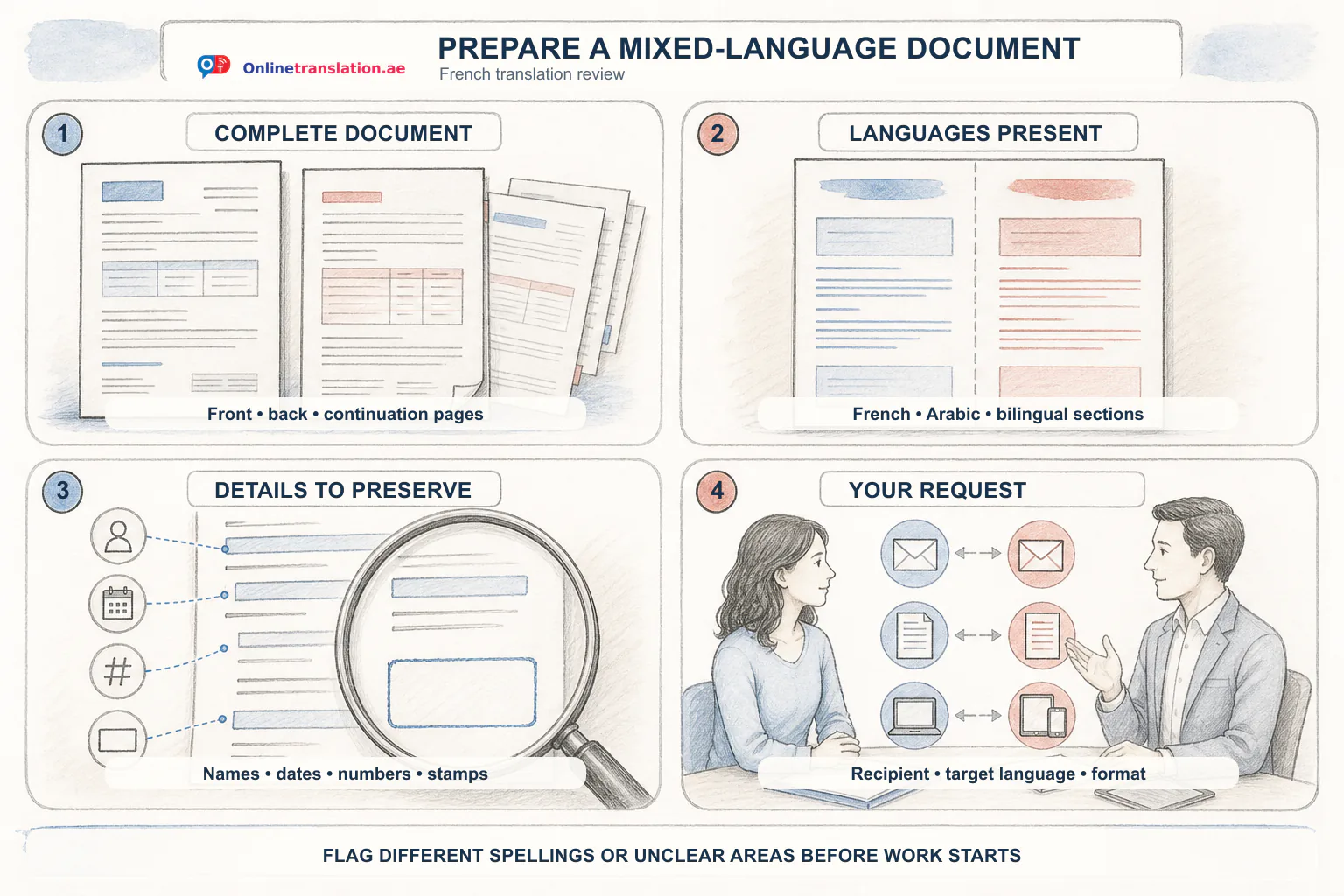 Four illustrated checks: complete document, languages present, details to preserve, and your request. The checklist below gives each step in text.