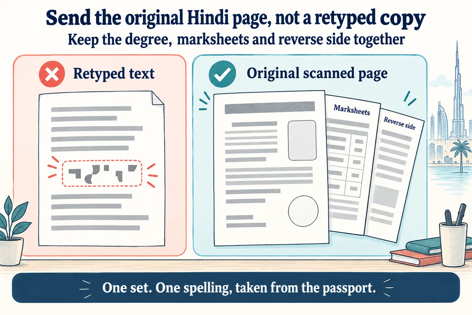 Teaching illustration contrasting a crossed-out retyped page with an original scanned Hindi certificate, with marksheets and the reverse side kept together and passport spelling used as the separate name reference.