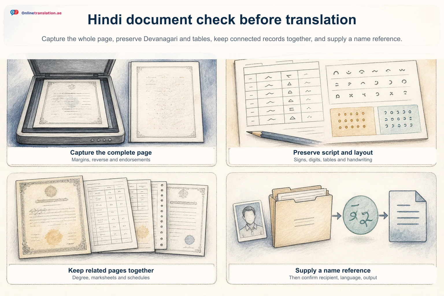 OnlineTranslation.ae pencil infographic showing four checks before Hindi translation: capture the complete page, preserve Devanagari signs, digits and tables, keep degrees and related pages together, then supply a name reference and confirm the requested output.
