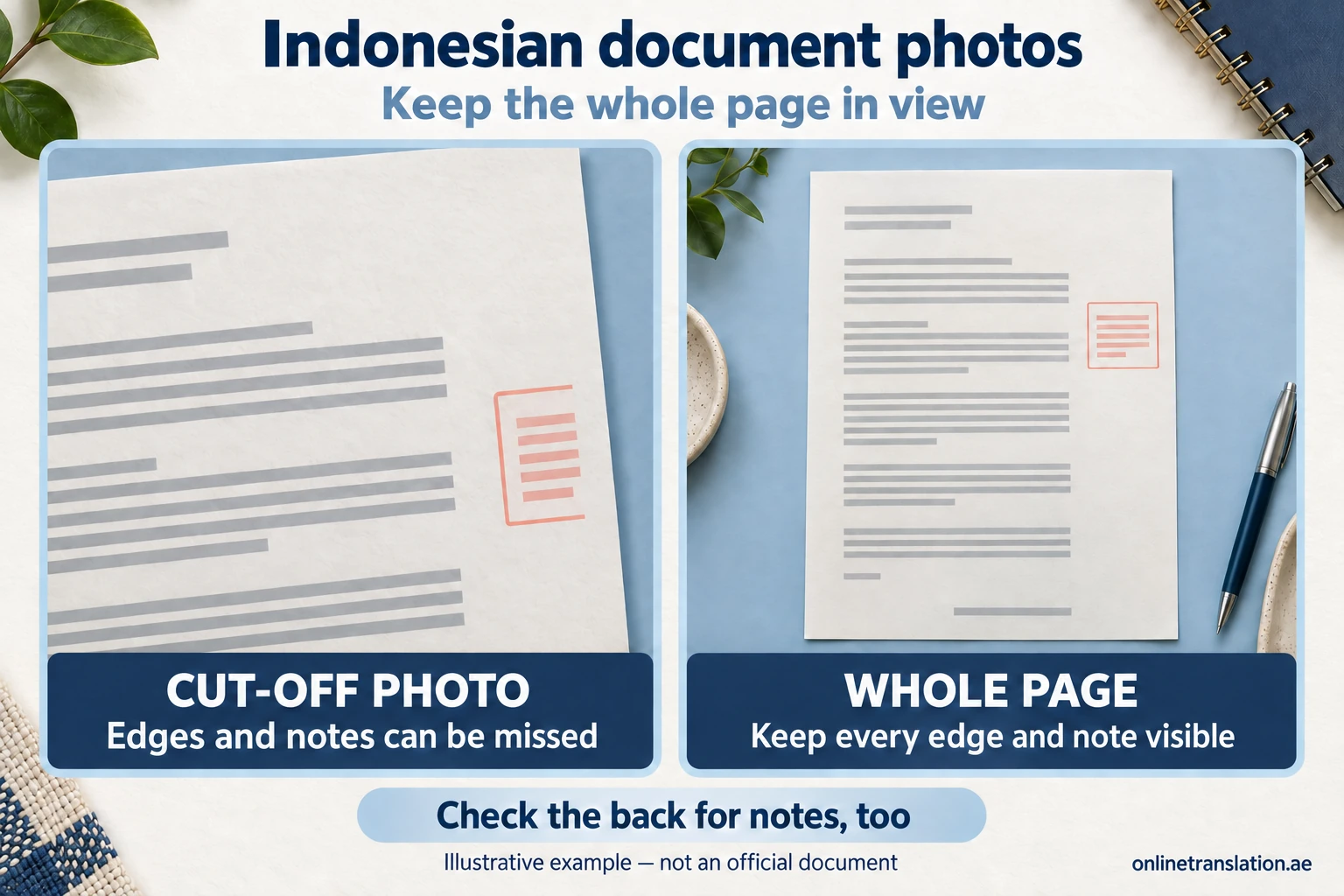 Comparison of a cropped document photo that hides a page edge and margin note, and a whole-page view that keeps all four corners and the note visible.