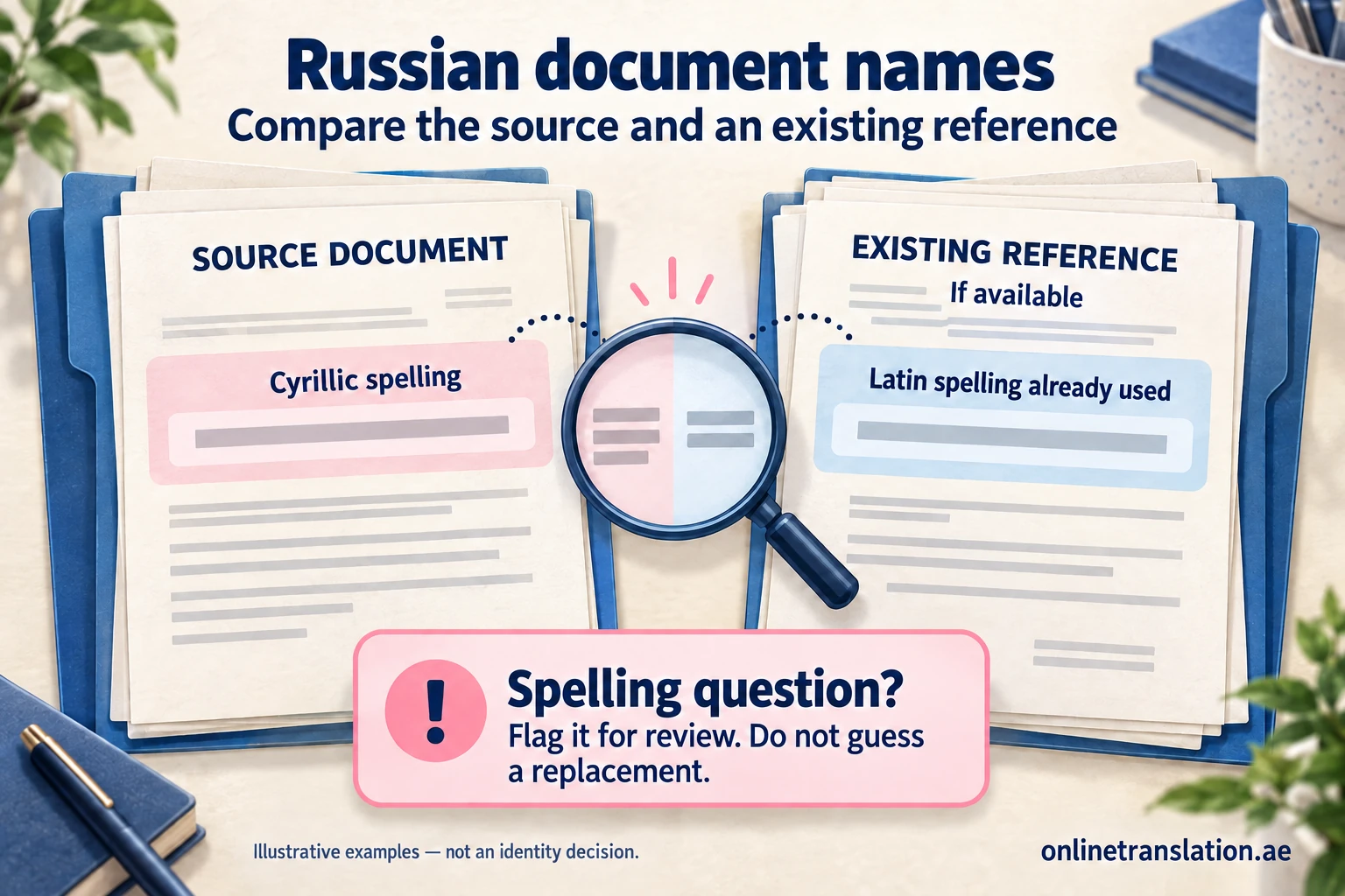 The Cyrillic spelling on a Russian source document and an existing Latin-script reference, if available: raise spelling questions instead of guessing a replacement.