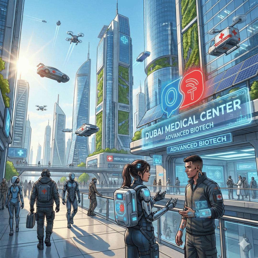 Medical professional with digital interface representing healthcare translation services for DHA and MOH