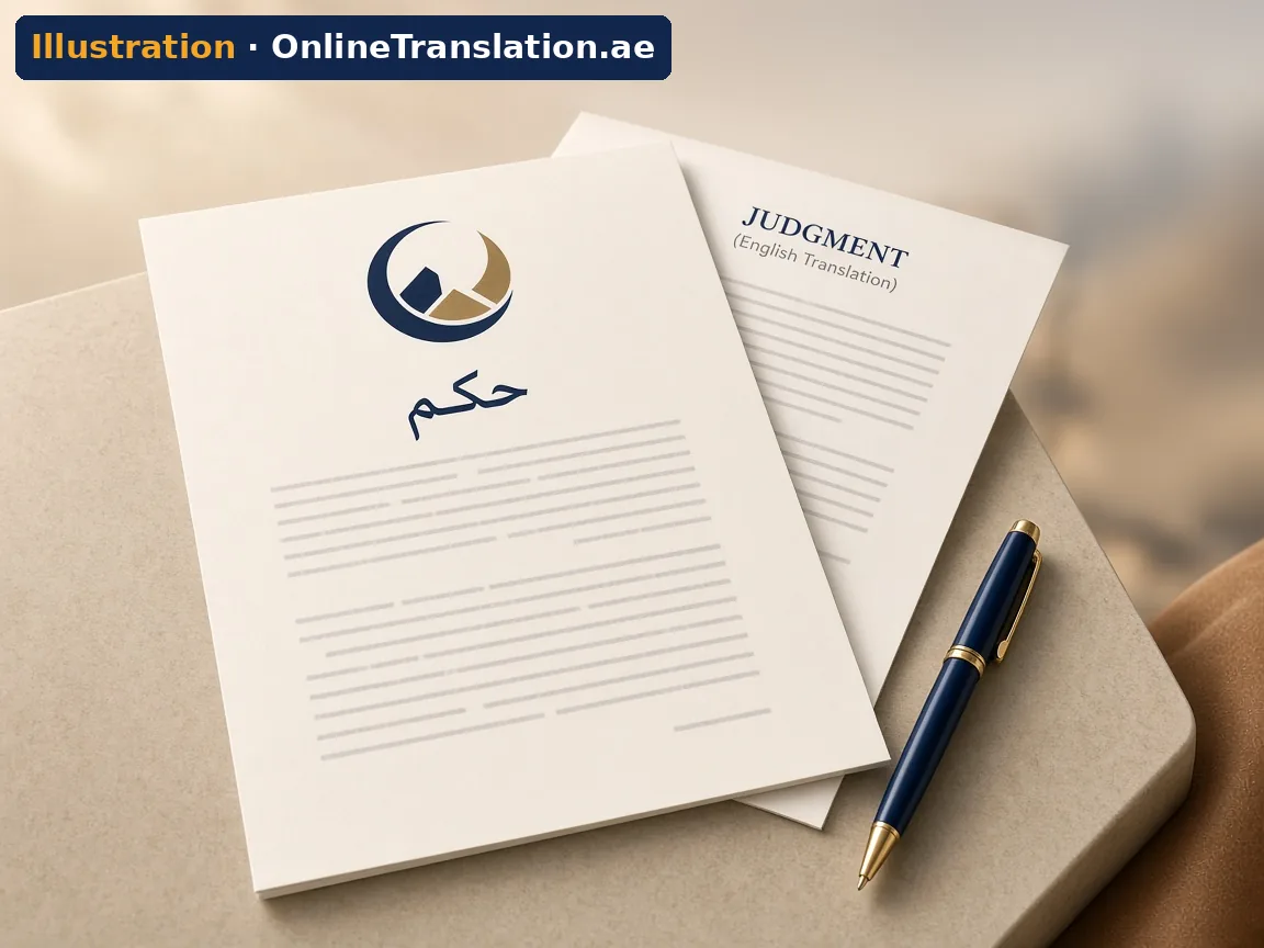 رسم توضيحي لحكم محكمة إماراتي عام: صفحة عربية بعنوان حكم وأسطر نصية تجريدية، وصفحة ترجمة إنجليزية بعنوان Judgment (نموذج، وليس مستنداً حقيقياً)