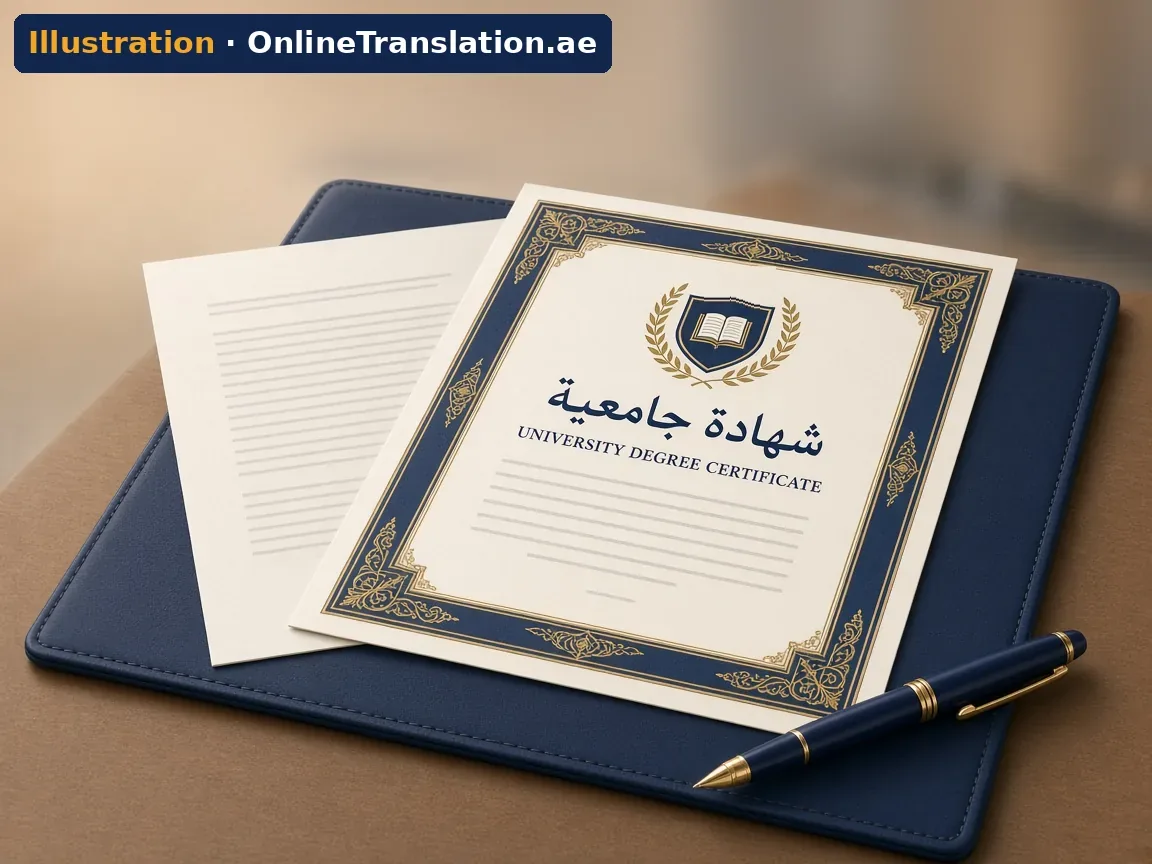 رسم توضيحي لشهادة جامعية عامة بعنوانين عربي وإنجليزي وشعار على شكل درع وأسطر نصية تجريدية، وبجانبها صفحة ترجمة (نموذج، وليست شهادة أو جامعة حقيقية)