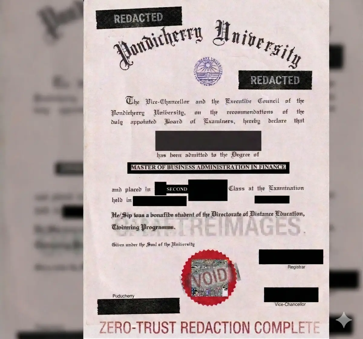 Sample Indian degree certificate — MBA from Pondicherry University, redacted for privacy